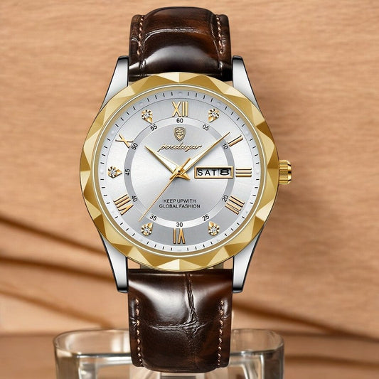 SerpentSteel Men’s Leather Watch | Gold Stainless Steel Case & Date Display
