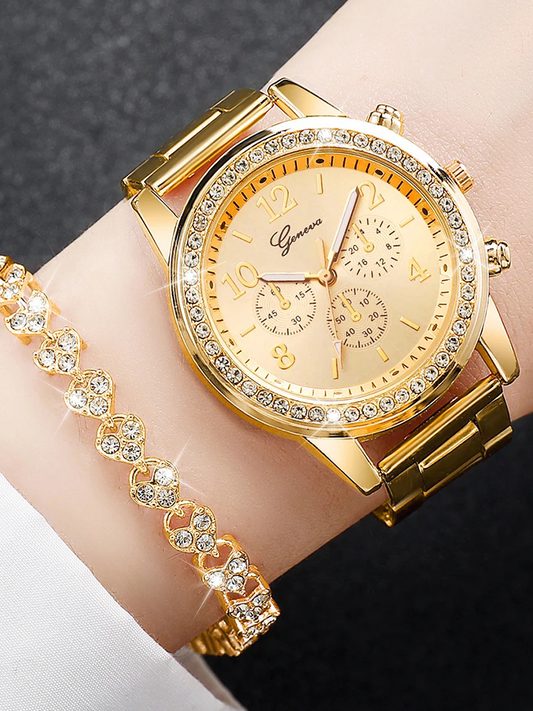 Elegora women's stainless steel watch with matching bracelet - Gold round case watch