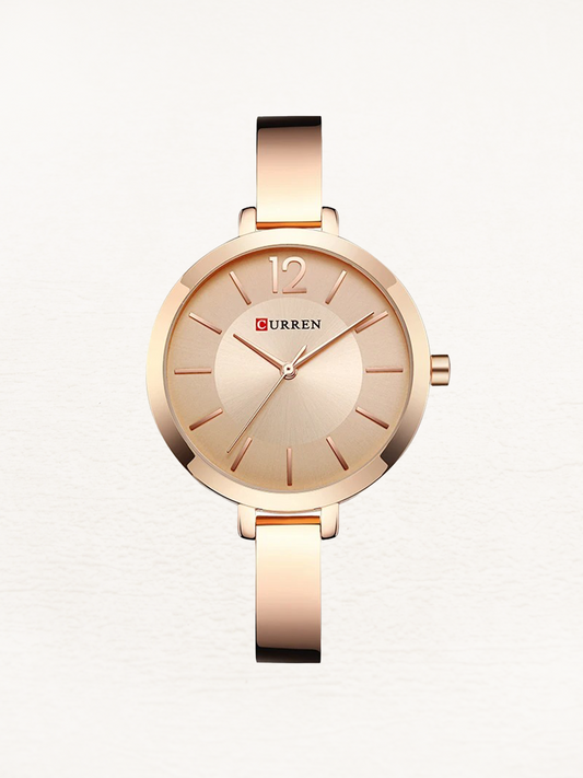 Stainless steel women's designer watch in rose gold round case