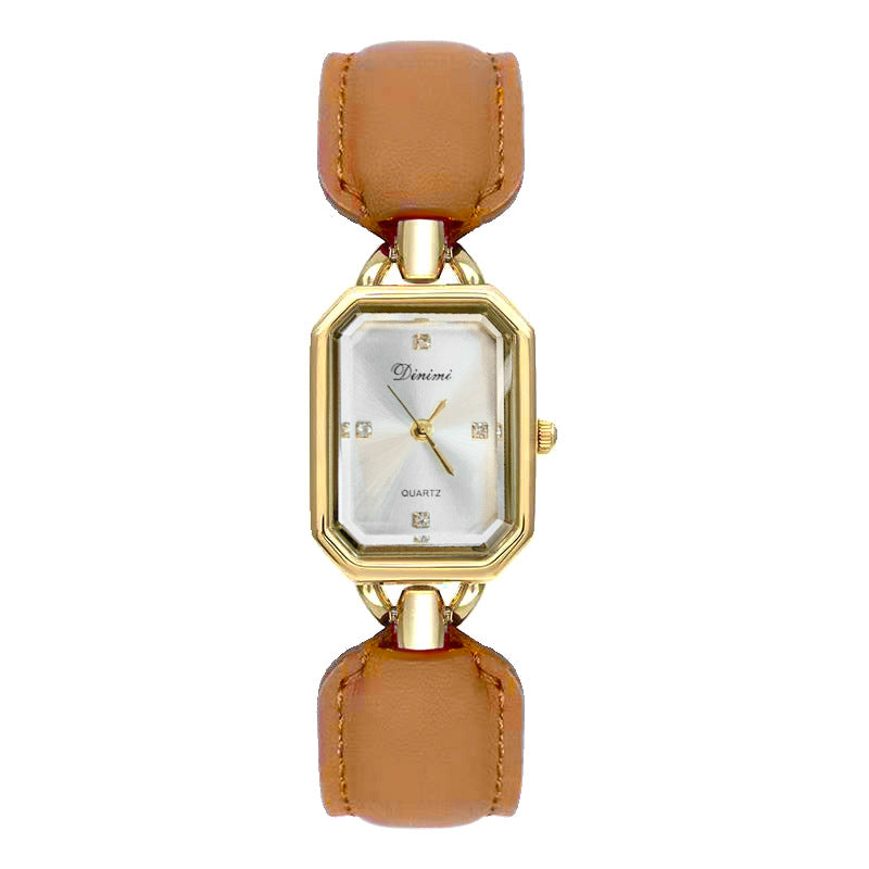 Elegant women's square disc watch with luxury leather strap