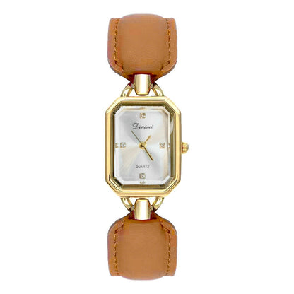 Elegant women's square disc watch with luxury leather strap